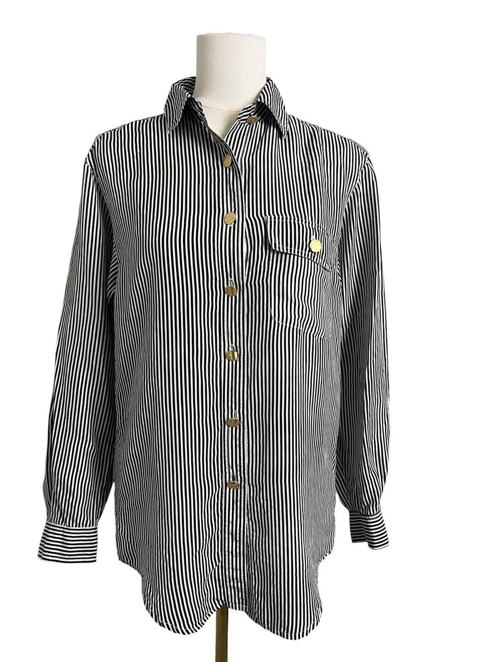 Diane Gilman Tunic Shirt Womens 6 Black Stripe Silk Button Up Blouse Career Top